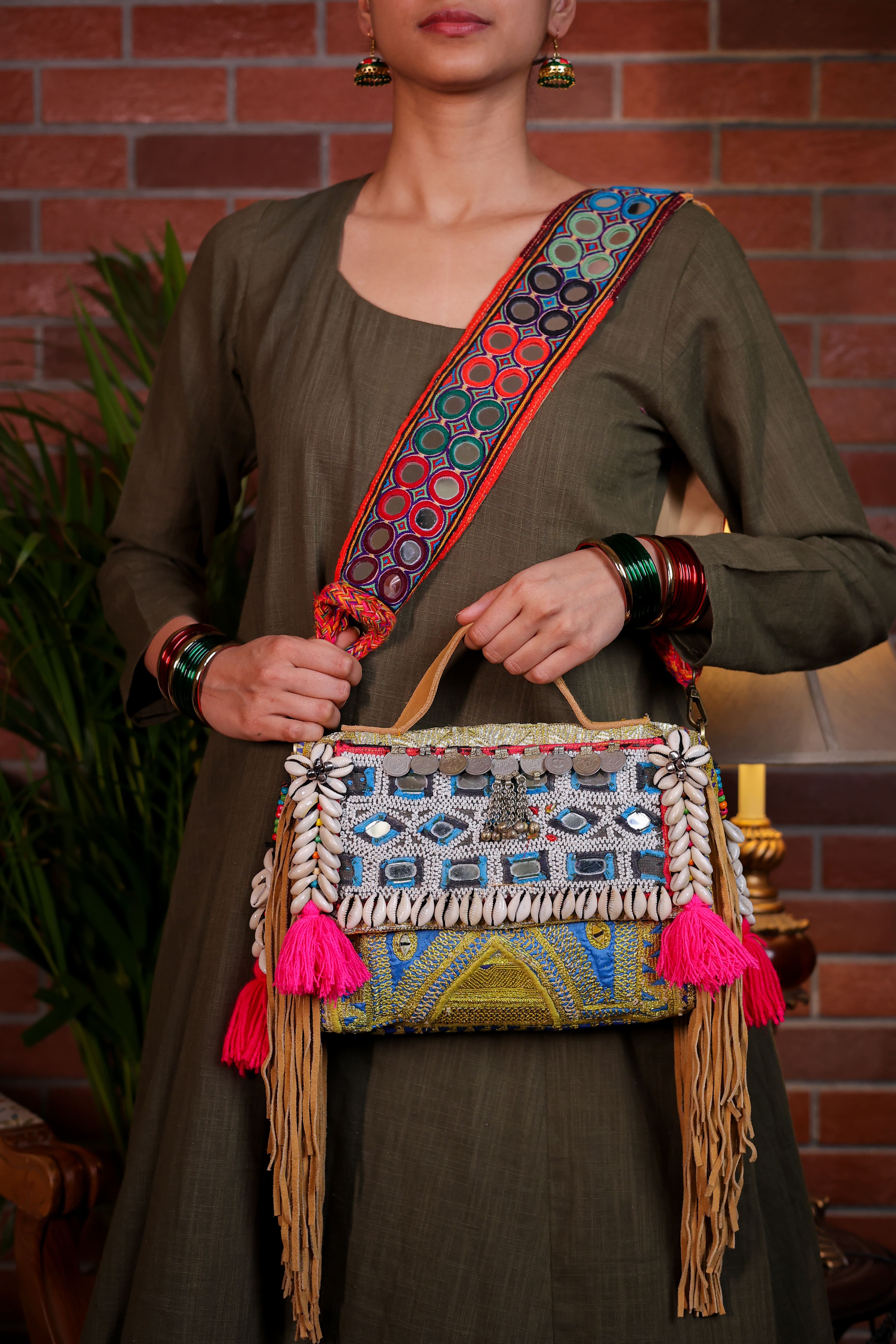 Nora - Afghan Zari Mirror Strap Bag