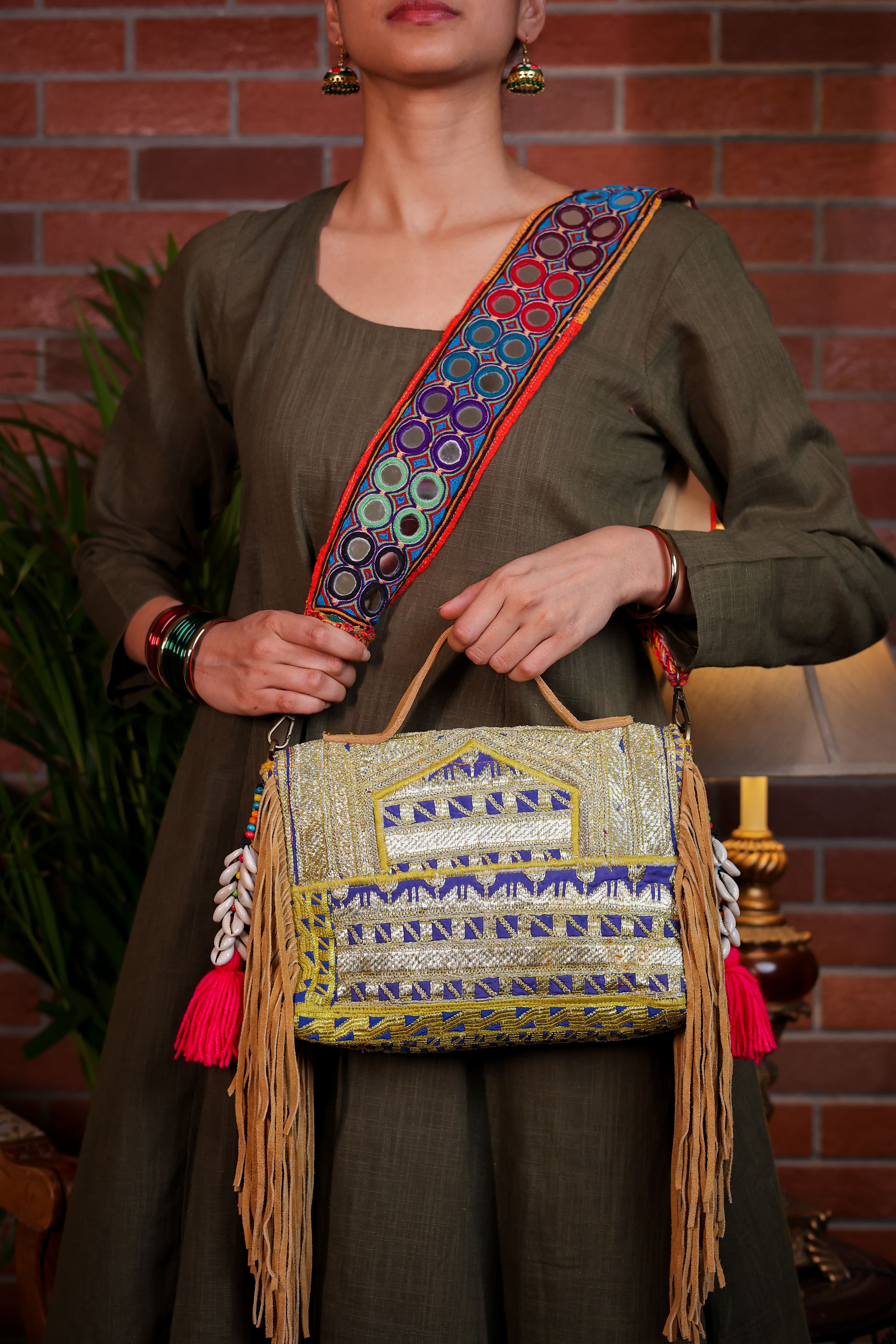 Nora - Afghan Zari Mirror Strap Bag